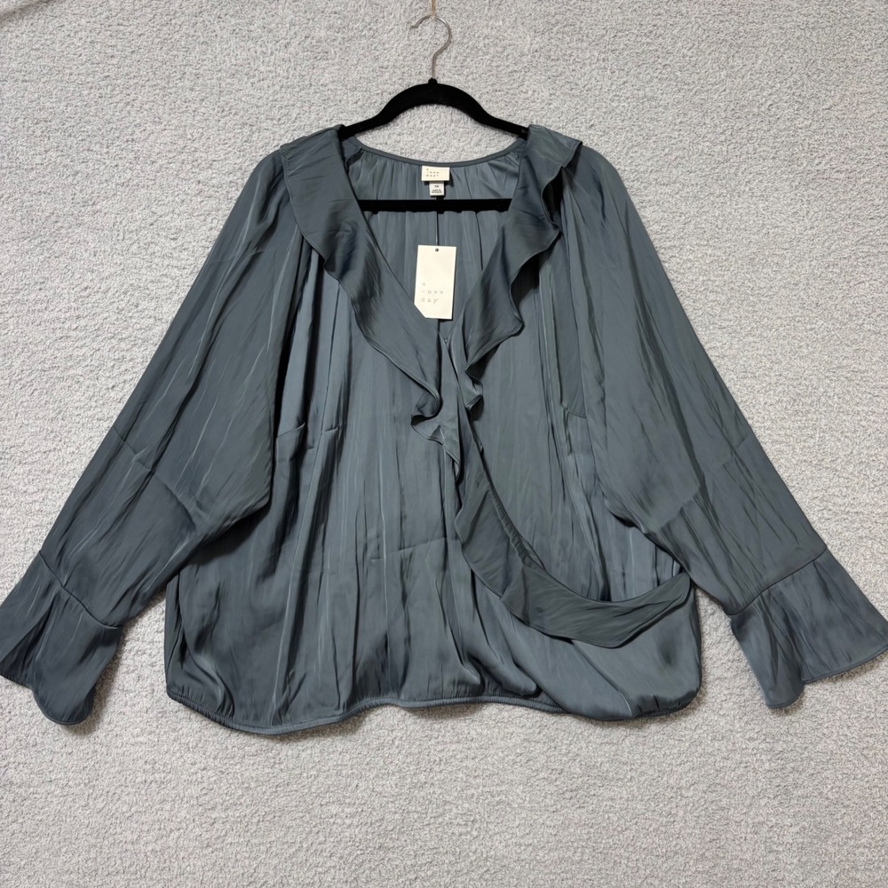 Office Work Blouse Ruffle‎ Neck 3X Wrap Top Long Sleeve Flowy Neutral Teal Gray
